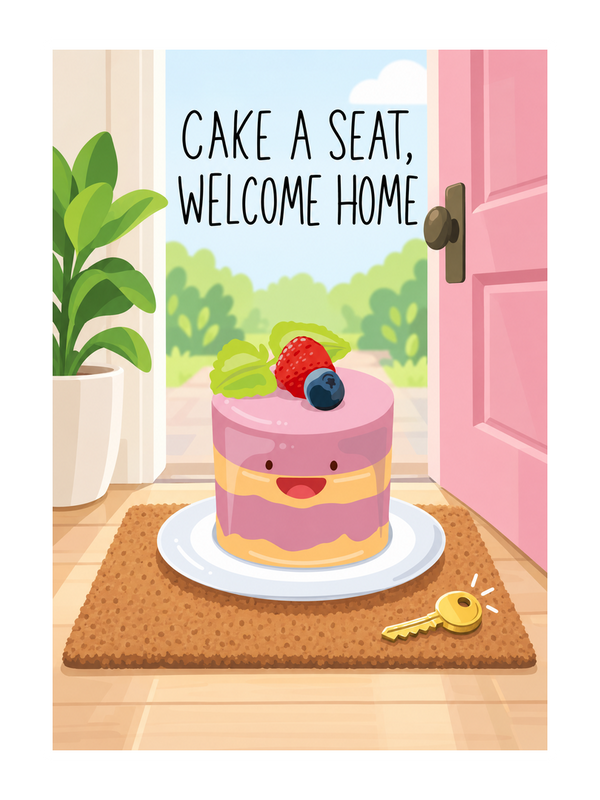 Cake A Seat New Home cake card by MailBakes, digital illustration with Cake a seat welcome home