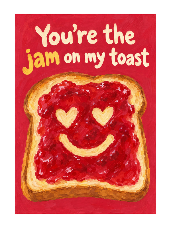 Jam On My Toast Thinking Of You cake card by MailBakes, gouache painting of toast with jam and wording