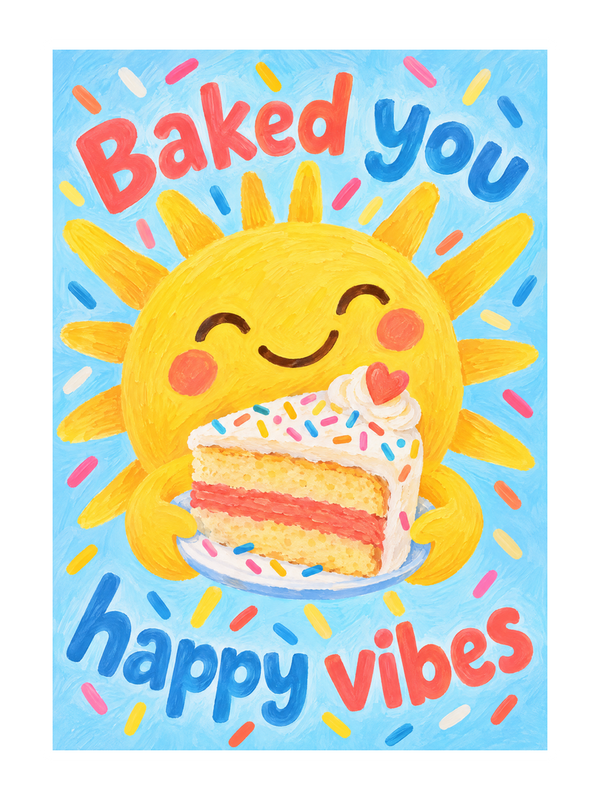 Baked You Happy Vibes Birthday cake card by MailBakes, Baked you happy vibes in colourful gouache