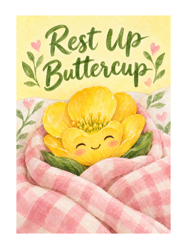 Rest Up Buttercup Get Well Soon cake card by MailBakes, Watercolour with Rest Up Buttercup text
