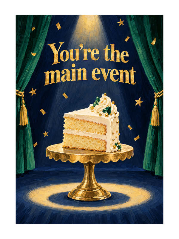 You're The Main Event Birthday cake card by MailBakes, gouache painting with You’re the main event text