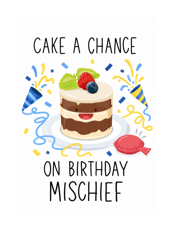 Cake A Chance Birthday cake card by MailBakes, playful digital illustration with birthday mischief phrase