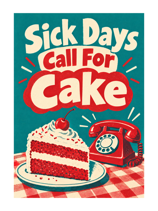 Sick Days Call For Cake Get Well Soon cake card by MailBakes, retro screen print saying Sick Days Call For Cake