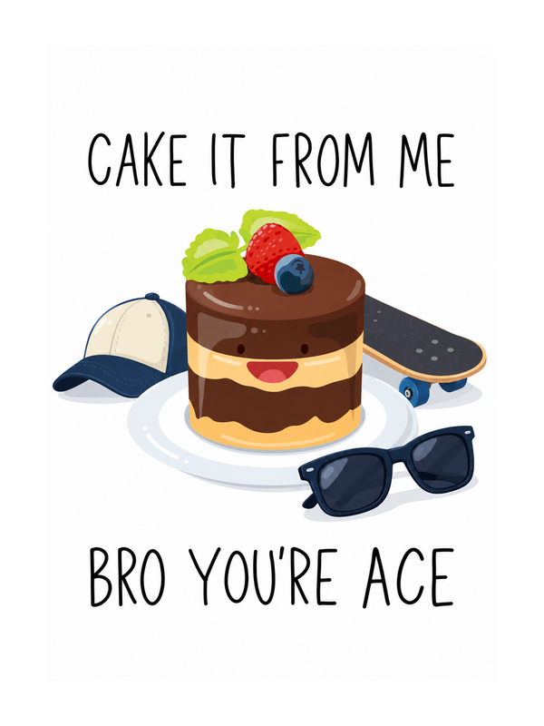 Cake It From Me Bro Birthday cake card by MailBakes, digital illustration with phrase Cake it from me Bro you’re ace