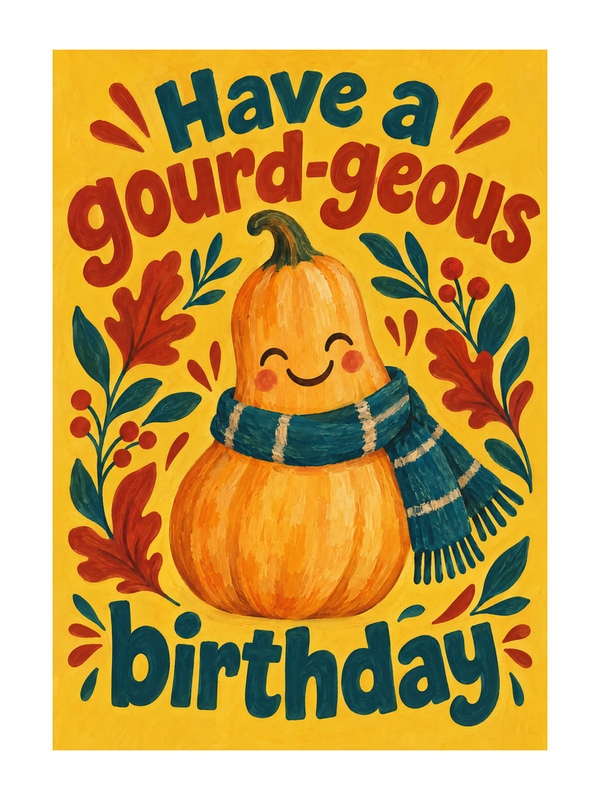 Gourdgeous Birthday cake card by MailBakes, gouache gourds and leaves with birthday message
