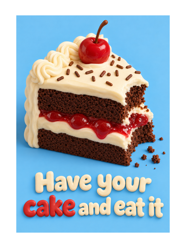 Have Your Cake And Eat It Birthday cake card by MailBakes, 3D clay render saying Have your cake and eat it