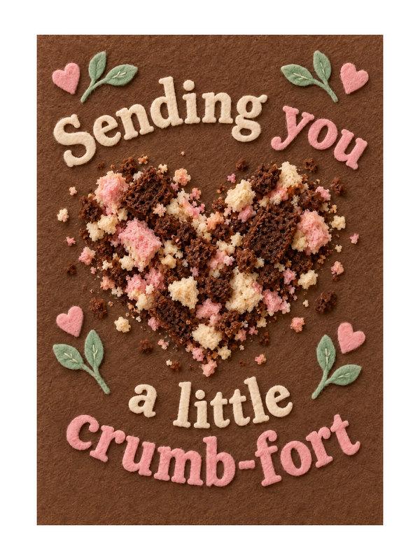 Crumbfort Thinking Of You cake card by MailBakes, felt craft collage with Sending you a little crumbfort
