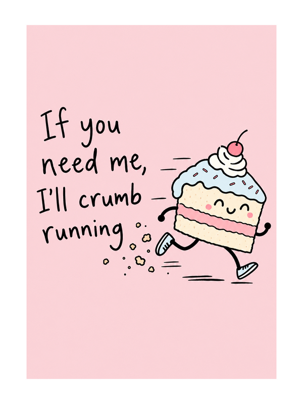 Crumb Running Thinking Of You cake card by MailBakes, Ink line drawing with phrase If you need me I’ll crumb running