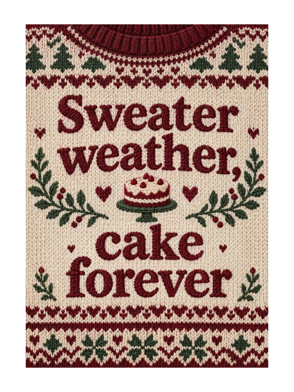 Sweater Weather Cake Forever Birthday cake card by MailBakes, Embroidery style text sweater weather cake forever