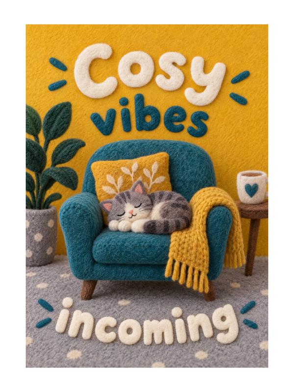 Cosy Vibes Incoming New Home cake card by MailBakes, felt craft design with Cosy vibes incoming text