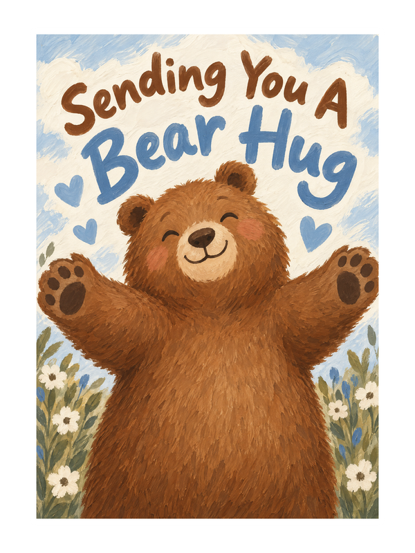 Bear Hug Get Well Soon cake card by MailBakes, gouache bear illustration with Sending You A Bear Hug text
