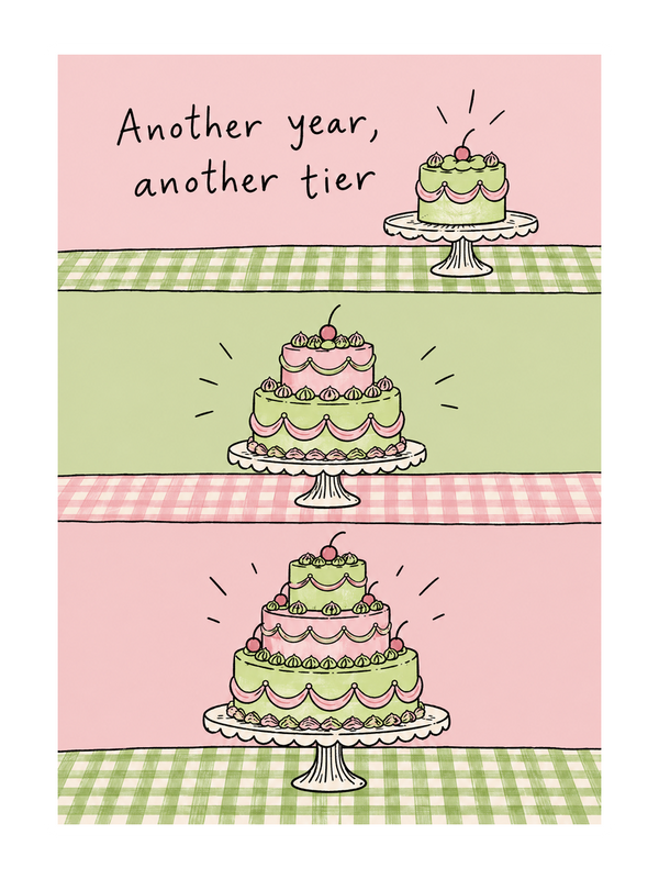 Another Year Another Tier Birthday cake card by MailBakes, Ink line drawing of tiered cake with phrase