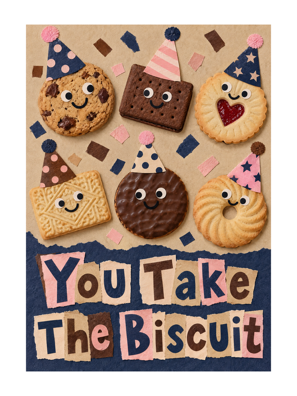 Take The Biscuit Birthday cake card by MailBakes, collage with You Take The Biscuit text