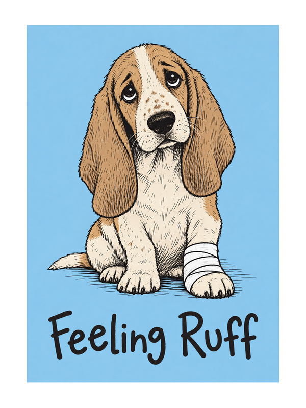 Feeling Ruff Get Well Soon cake card by MailBakes, Ink line drawing of sad dog with Feeling Ruff text