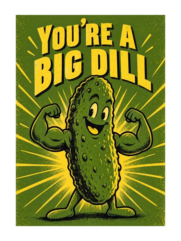 Big Dill Birthday cake card by MailBakes, retro screen print saying You’re a big dill