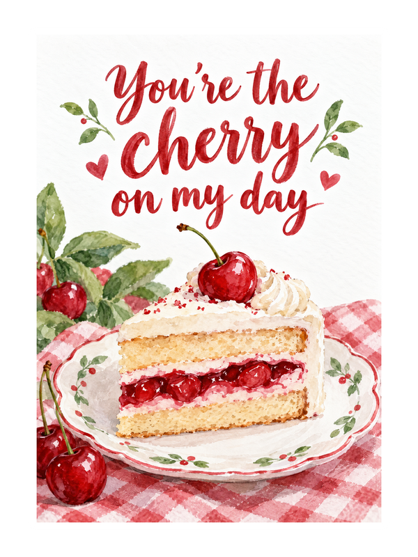 Cherry On My Day Thinking Of You cake card by MailBakes, Watercolour cherries with You’re the cherry on my day
