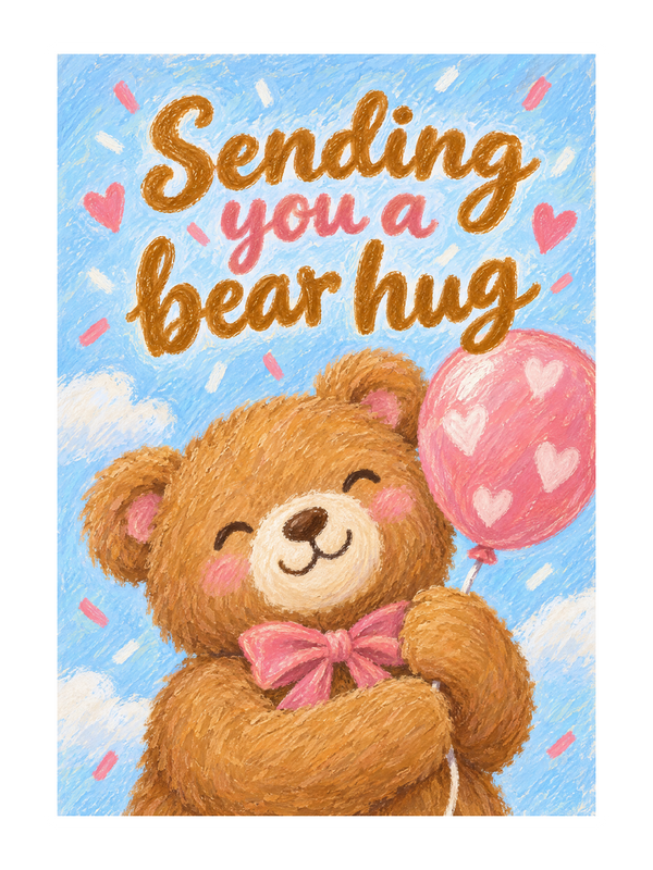Sending You A Bear Hug Birthday cake card by MailBakes, oil pastel bear with arms open