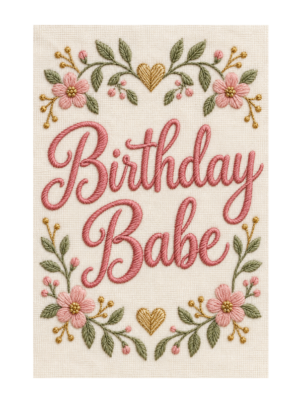 Birthday Babe Birthday cake card by MailBakes, embroidered Birthday Babe text on white background
