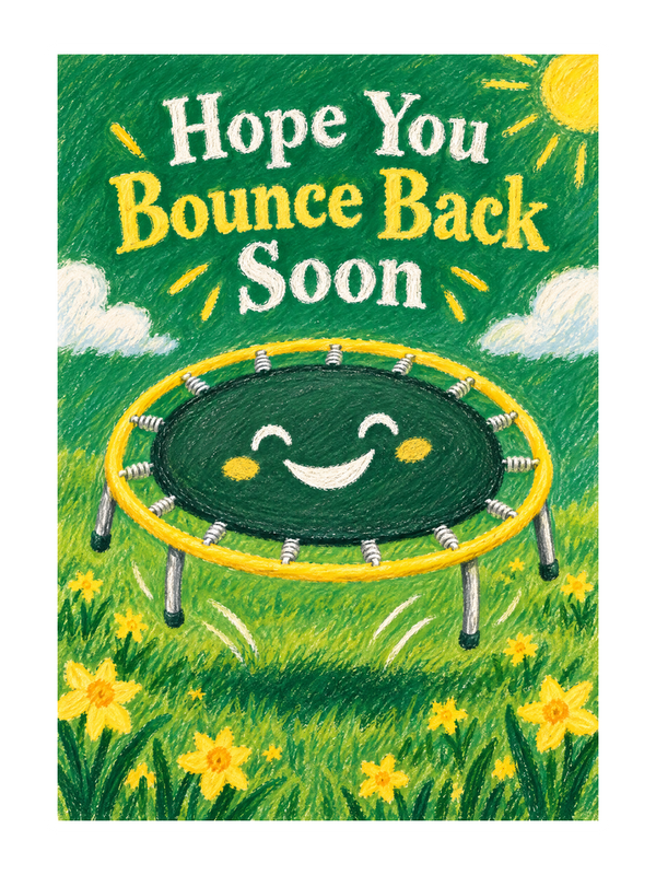 Bounce Back Soon cake card by MailBakes, oil pastel design with Hope You Bounce Back Soon