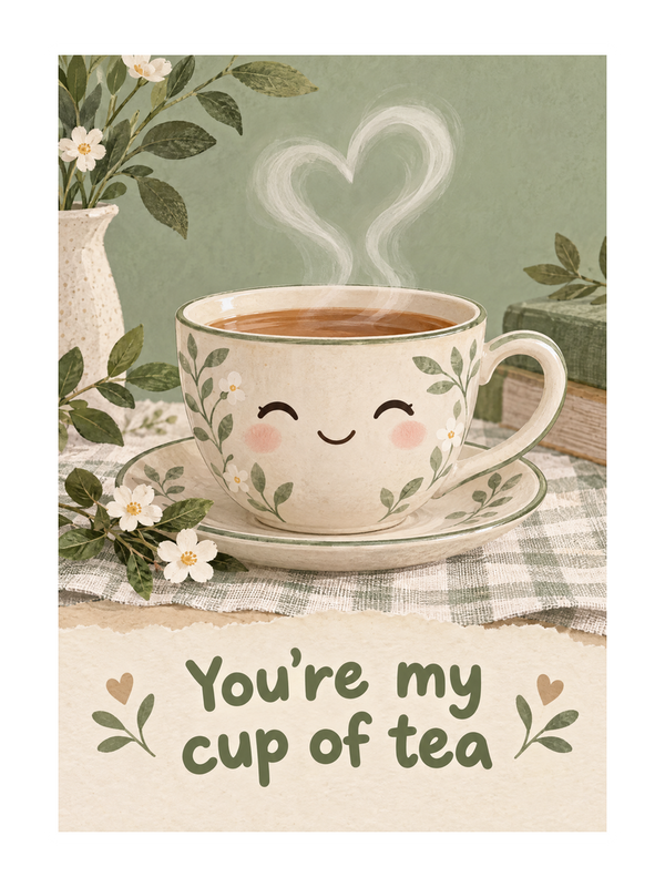 Cup Of Tea cake card by MailBakes, digital collage with You’re my cup of tea text