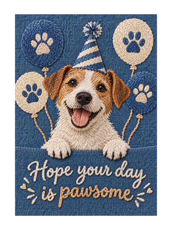 Pawsome Birthday cake card by MailBakes, embroidery style paws with Hope your day is pawsome