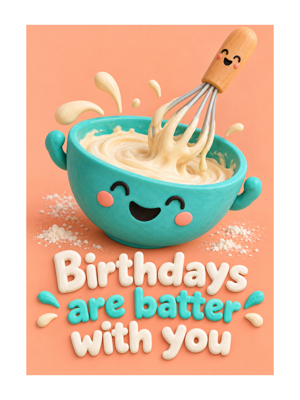 Batter With You Birthday cake card by MailBakes, 3D clay render of cake with phrase Birthdays are batter with you