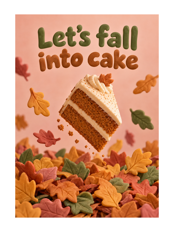 Fall Into Cake Birthday cake card by MailBakes, 3D clay render of autumn leaves and cake slice