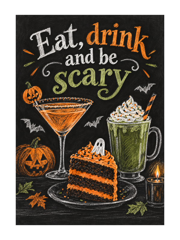 Eat Drink And Be Scary Halloween cake card by MailBakes, chalkboard drawing with Eat drink and be scary