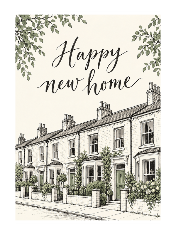 Happy New Home Terraced cake card by MailBakes, Ink line drawing of terraced houses with Happy new home
