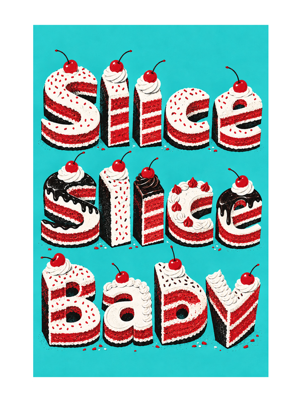 Slice Slice Baby Birthday cake card by MailBakes, Slice Slice Baby phrase in retro screen print