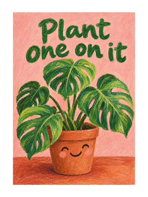 Plant One On It New Home cake card by MailBakes, oil pastel potted plant with Plant one on it text