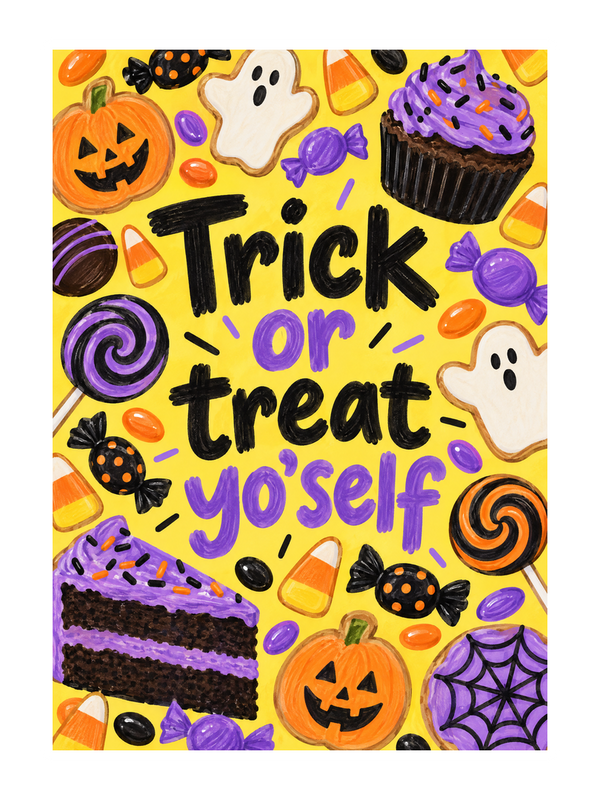 Treat Yo'self Halloween cake card by MailBakes, Marker sketch with Trick or treat yo’self text