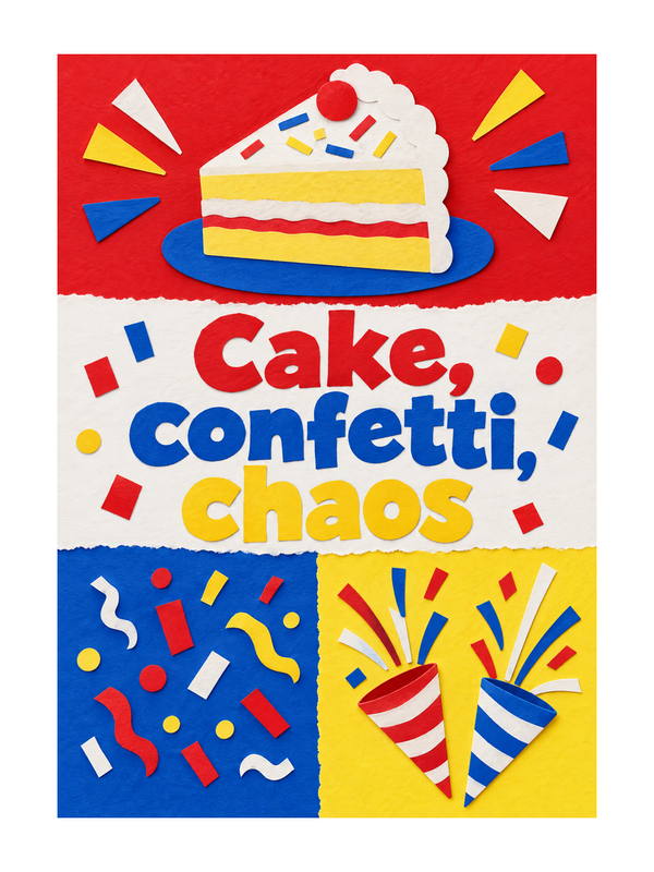 Cake Confetti Chaos Birthday cake card by MailBakes, papercut design with Cake confetti chaos text