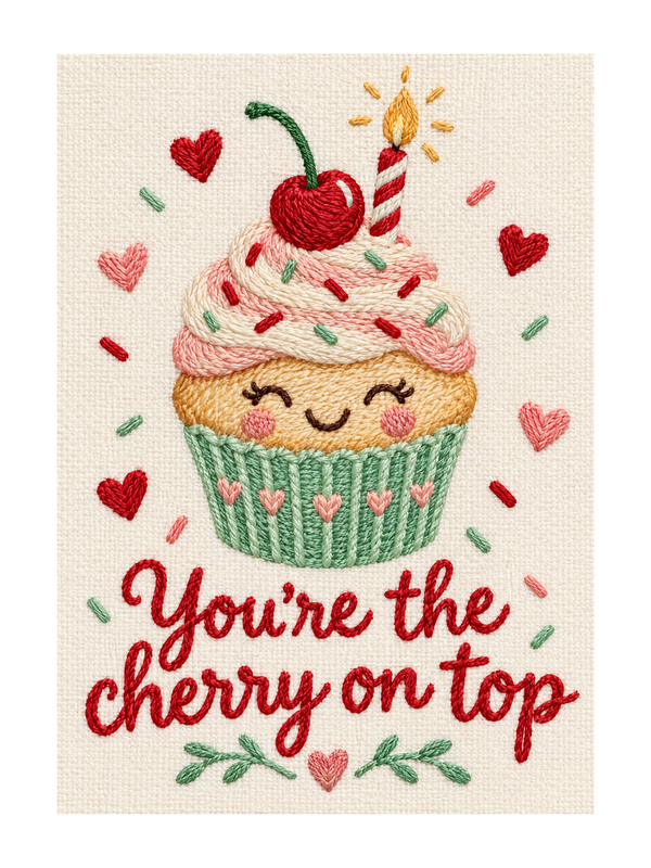 You're The Cherry On Top Birthday cake card by MailBakes, embroidery style cherry on top design