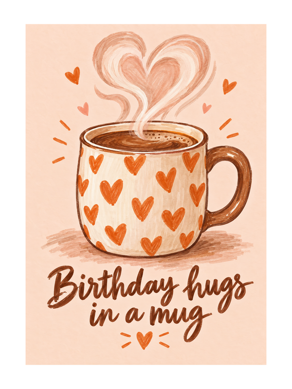 Hugs In A Mug Birthday cake card by MailBakes, marker sketch of steaming mug with birthday message