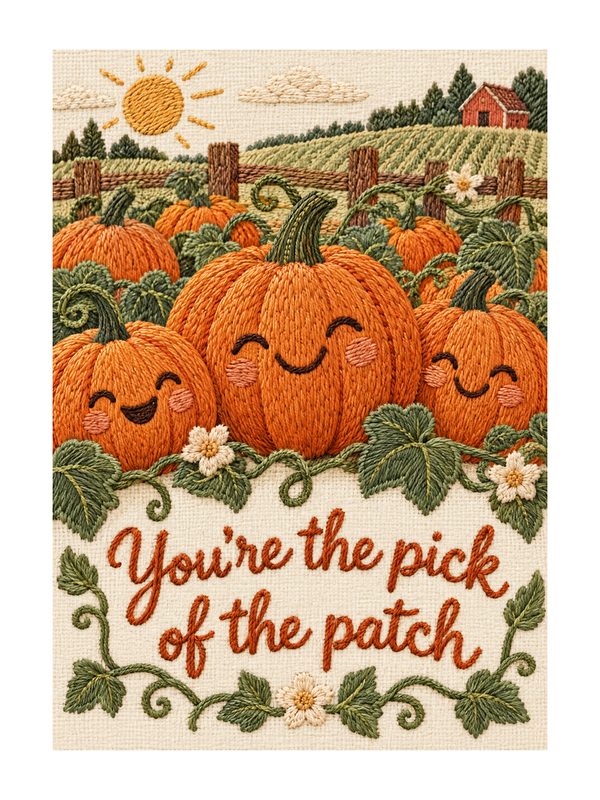 Pick Of The Patch Halloween cake card by MailBakes, embroidery style pumpkin with You’re the pick of the patch