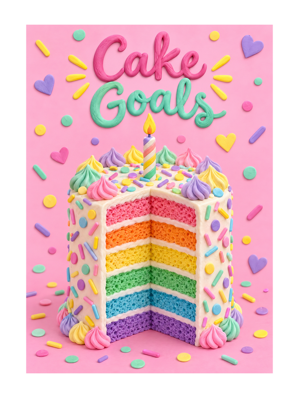 Cake Goals Rainbow Birthday cake card by MailBakes, Whimsical tall rainbow layer cake with candle