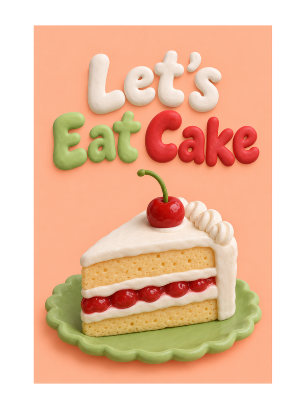 Let's Eat Cake Birthday cake card by MailBakes, 3D clay render of colourful birthday cake