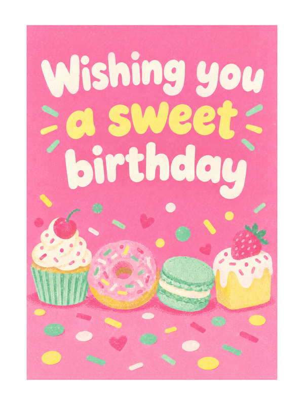 Wishing You A Sweet Birthday cake card by MailBakes, Wishing you a sweet birthday in colourful risograph