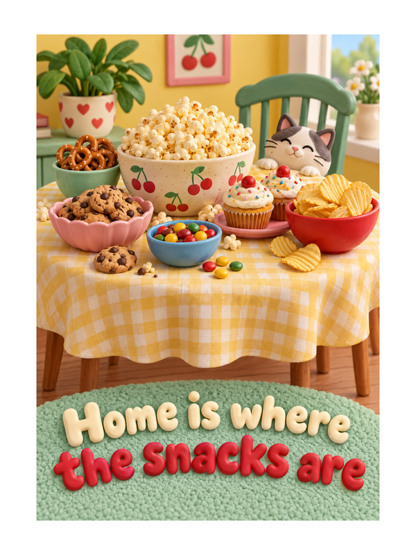Where The Snacks Are New Home cake card by MailBakes, 3D clay render with Home is where the snacks are