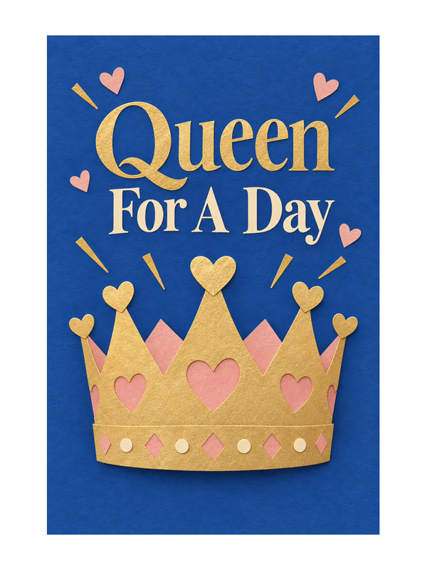 Queen For A Day Birthday cake card by MailBakes, papercut collage of Queen For A Day text