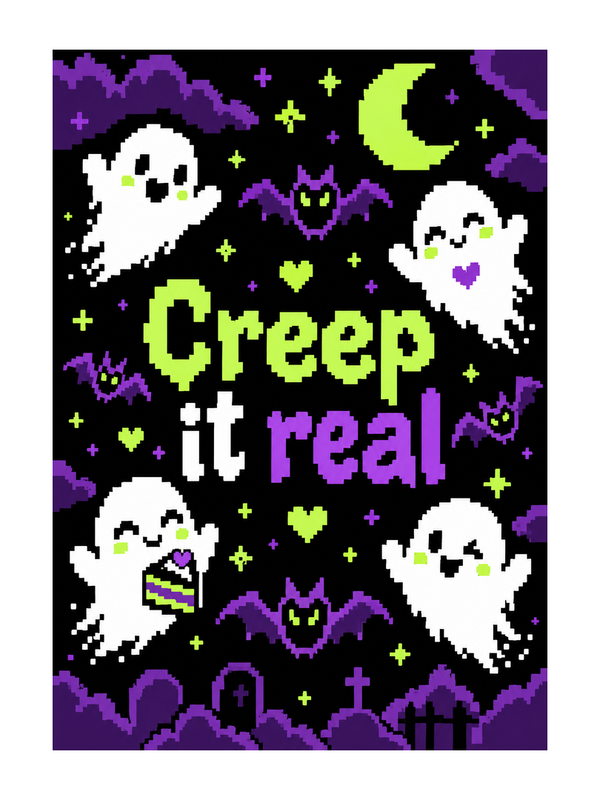 Creep It Real Halloween cake card by MailBakes, Pixel art with Creep it real phrase