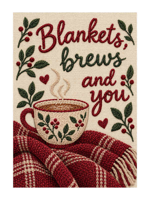 Blankets Brews And You New Home cake card by MailBakes, Embroidery style text Blankets brews and you