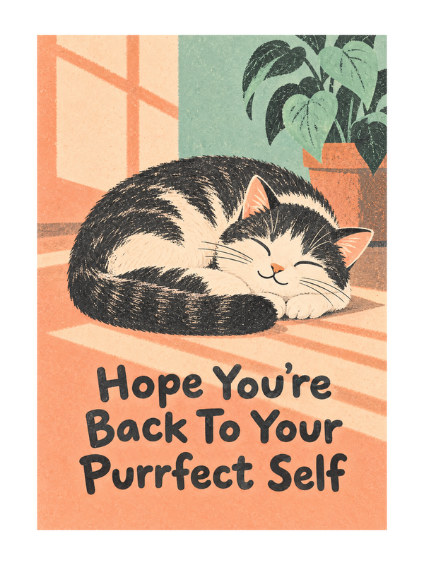 Purrfect Self Get Well Soon cake card by MailBakes, Cat illustration with Hope You’re Back To Your Purrfect Self