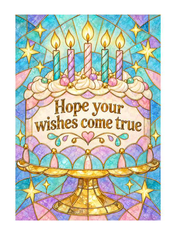 Wishes Come True Birthday cake card by MailBakes, stained glass effect with Hope your wishes come true