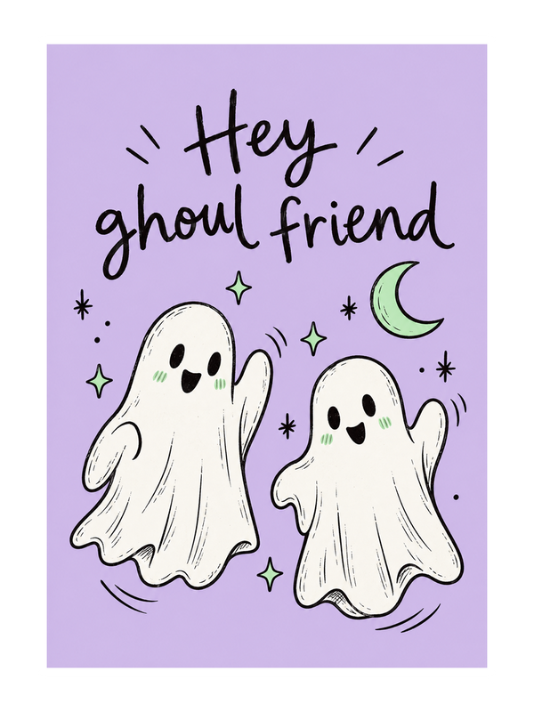 Ghoul Friend Halloween cake card by MailBakes, Ink line drawing saying Hey ghoul friend