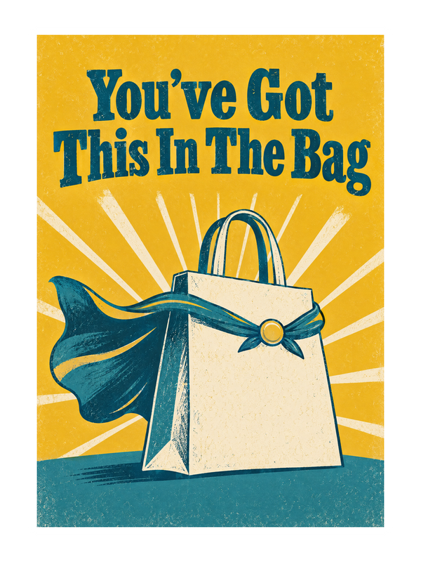 In The Bag Get Well Soon cake card by MailBakes, vintage poster with You’ve Got This In The Bag
