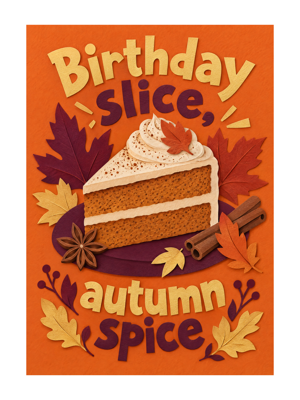 Birthday Slice Autumn Spice cake card by MailBakes, papercut design with Birthday slice autumn spice text