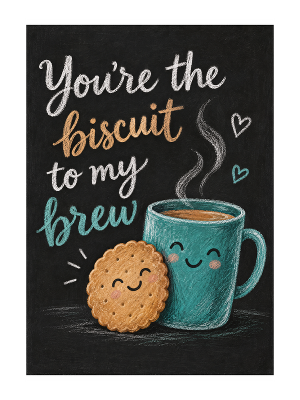 Biscuit To My Brew Thinking Of You cake card by MailBakes, chalkboard art with You're the biscuit to my brew