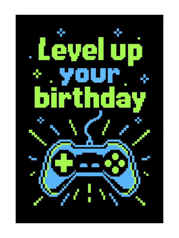 Level Up Birthday cake card by MailBakes, 8 bit pixel art with Level up your birthday text
